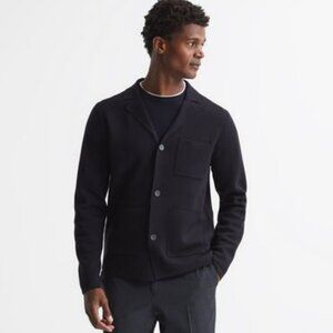 Reiss Dale Slim Fit Button Up Wool Blend Knit Blazer Navy Blue Men's Size Large